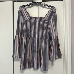 Como Vintage Striped Blouse Bell Sleeve‎ Square Neck Smocked Top Size L